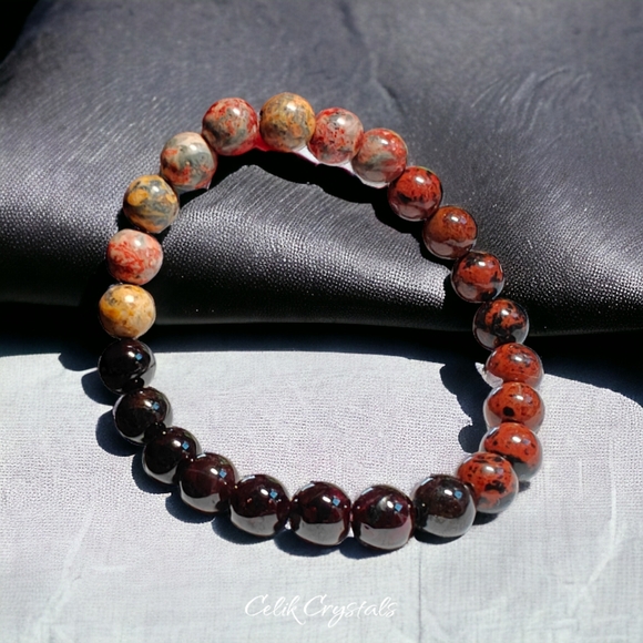 Garnet Mahogany Obsidian Leopard Jasper Bracelet Natural Stones 8mm - Picture 1 of 5